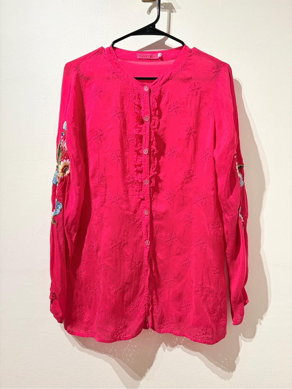 Johnny Was Bright Pink Embroidered Button-Front Ruffle Women's Blouse Size Small
